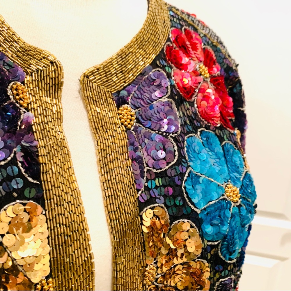 Vintage Leslie Fay Evenings Sequin Silk Jacket S - Picture 5 of 8